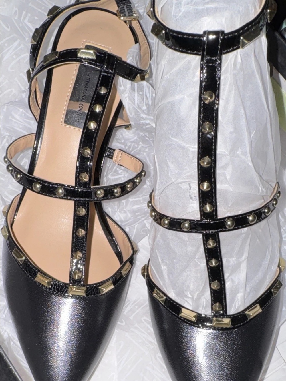 INC International Concepts Black Studded T-Strap Pointed Flats